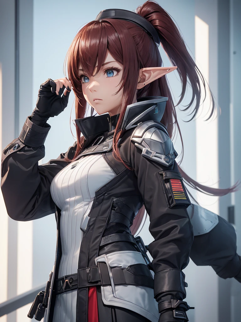 masterpiece, best quality, 8k, (highly detailed 3D rendering of a character named Ulc from SEGA's PSO2), elf-like female with pointed ears, (small gray woman's Garrison cap), (long straight dark red hair), (gray futuristic military-style uniform, including a fitted jacket with intricate white designs, shoulder epaulets, and a skirt), (annoyed, stupefied), (one hand near her ear as if she is communicating through a device), looking away, sunshine, (shiny skin)