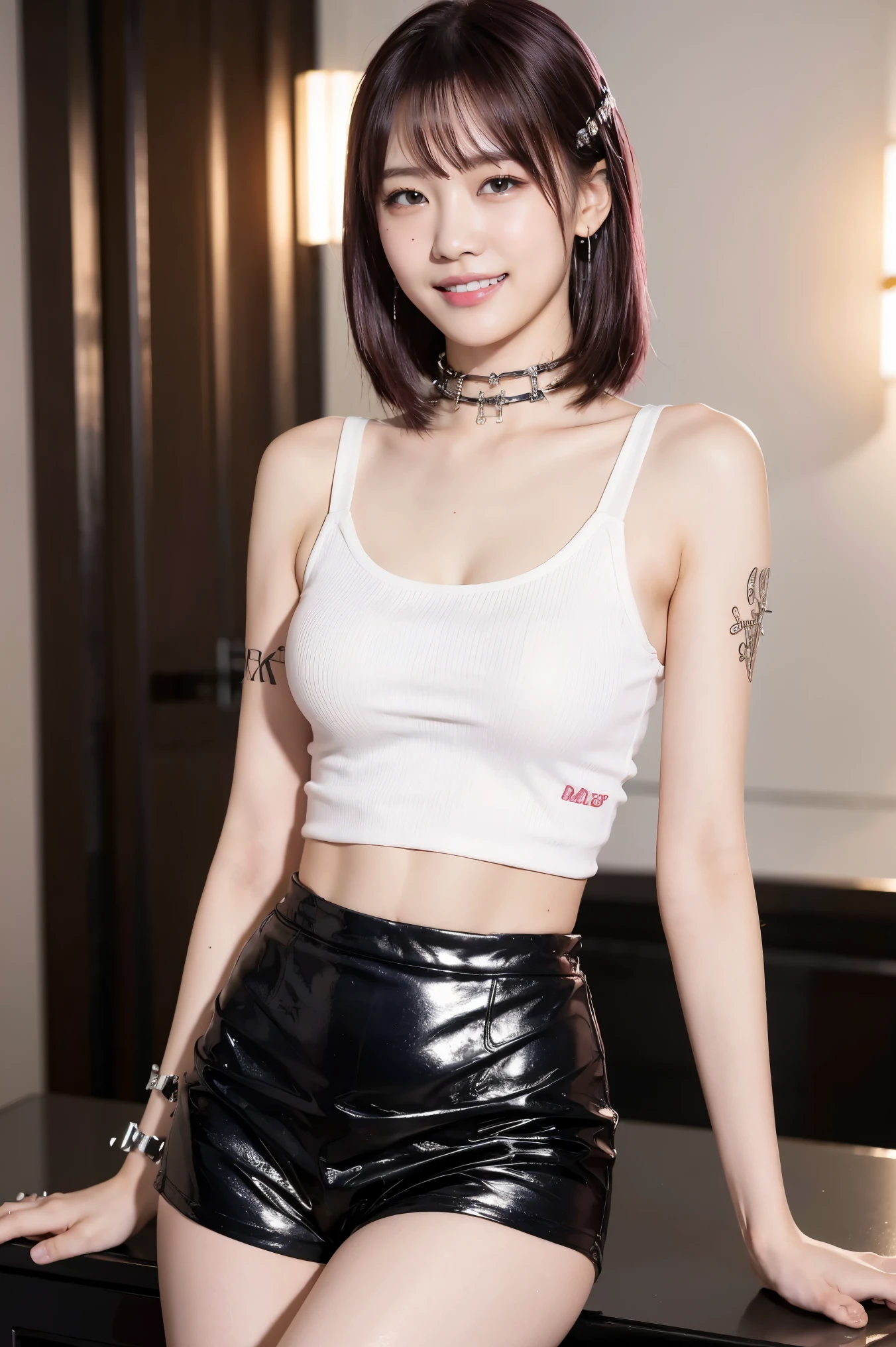 (8K), (highest quality: 1.2), (Realistic), (Realistic: 1.37), Ultra-high resolution, 1 girl, cute, (Embarrassed smile:1.2), (Blushing:1.4),Mouth closed, Beautiful details, Beautiful Nose, white gold long hair, giant dulcefo, Thighs,Navel exposed,White tank top,Black leather hot pants,Black long boots,Dancing,(Shiny Thighs:1.2),Beautiful white skin,(punk fashion:1.5)