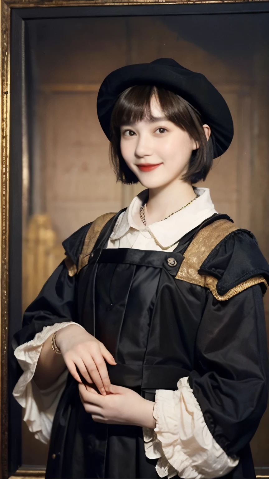 252 (An 18-year-old female and an 18-year-old male), (short hair),kind, lipstick, (Rembrandt-style painting), smile