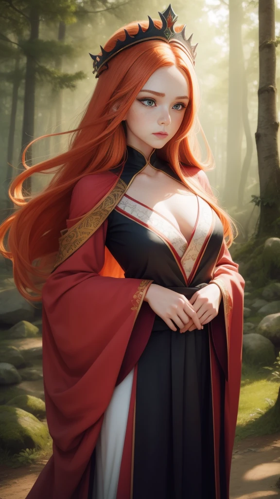 Young (princess), striking figure, long flowing ginger hair, wavy hairs, fair skin, freckles, kolito, innocent and (regal appearance), expressive green eyes are filled with a mix of curiosity and determination, her slender frame, elegant grace, vibrant orange kimono with white and black decorations, very long ((sleeves past fingers)), sleeves past wrists, cleavage, feather headdress, in a forest