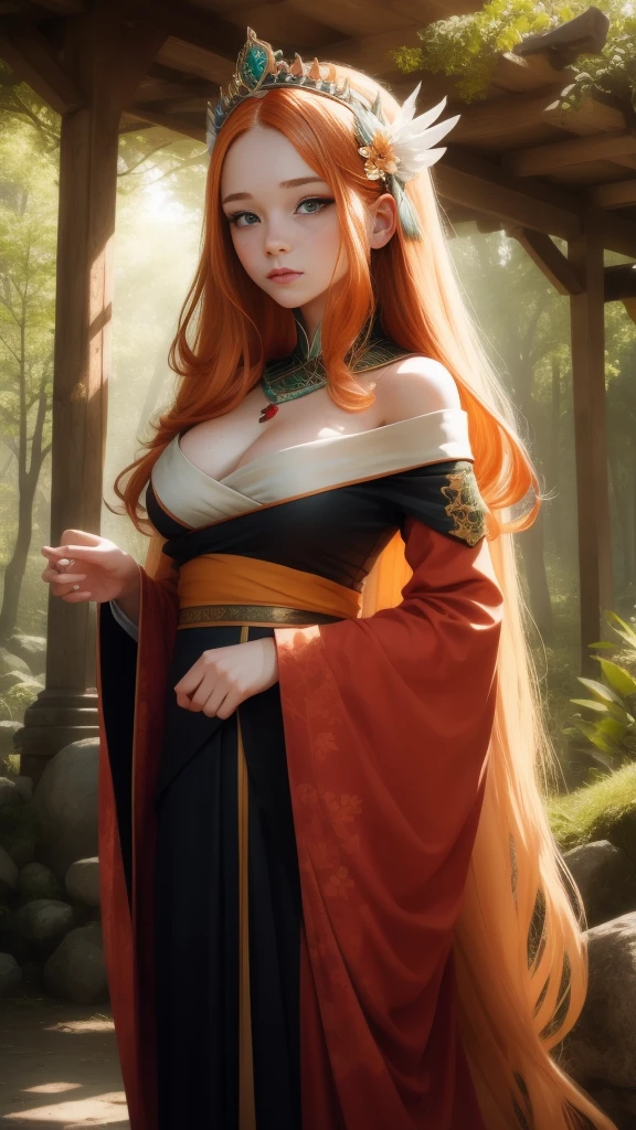 Young (princess), striking figure, long flowing ginger hair, wavy hairs, fair skin, freckles, kolito, innocent and (regal appearance), expressive green eyes are filled with a mix of curiosity and determination, her slender frame, elegant grace, vibrant orange kimono with white and black decorations, very long ((sleeves past fingers)), sleeves past wrists, cleavage, feather headdress, in a forest