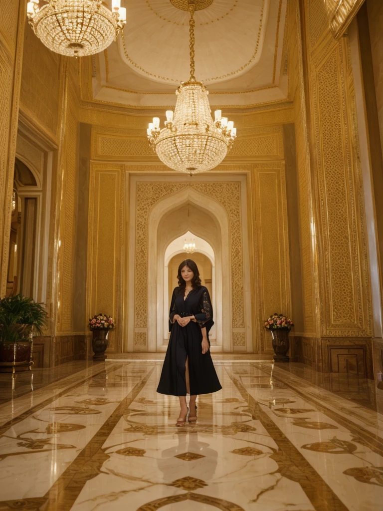 her name is Asako, high quality, 1girl, ((20-year-old fit Caucasian woman)), ((20 years old)), ((slim)), ((Wavy Bob)), pose: standing, wearing stylish fashionable Generation-Z modern wear bright colored, BACKGROUND: Inside the opulent interiors of the Taj Mahal Palace Hotel, with its grand staircase, elegant chandeliers, and luxurious decor reflecting a blend of Moorish, Oriental, and Florentine styles.