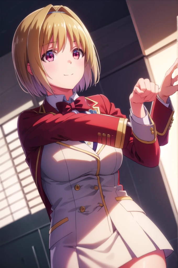 kikyoukushida, kikyou kushida, short hair, blonde hair, (red eyes:1.3), hairband, hair intakes, smile,
BREAK shirt, long sleeves, bow, , jacket, white shirt, bowtie, blue bow, blazer, (red blazer:1.5),
BREAK indoors, classroom,
BREAK looking at viewer, (cowboy shot:1.5),
BREAK (masterpiece:1.2), best quality, high resolution, unity 8k wallpaper, (illustration:0.8), (beautiful detailed eyes:1.6), extremely detailed face, perfect lighting, extremely detailed CG, (perfect hands, perfect anatomy),