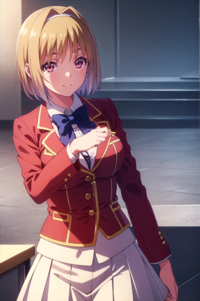 kikyoukushida, kikyou kushida, short hair, blonde hair, (red eyes:1.3), hairband, hair intakes, smile,
BREAK shirt, long sleeves, bow, , jacket, white shirt, bowtie, blue bow, blazer, (red blazer:1.5),
BREAK indoors, classroom,
BREAK looking at viewer, (cowboy shot:1.5),
BREAK (masterpiece:1.2), best quality, high resolution, unity 8k wallpaper, (illustration:0.8), (beautiful detailed eyes:1.6), extremely detailed face, perfect lighting, extremely detailed CG, (perfect hands, perfect anatomy),