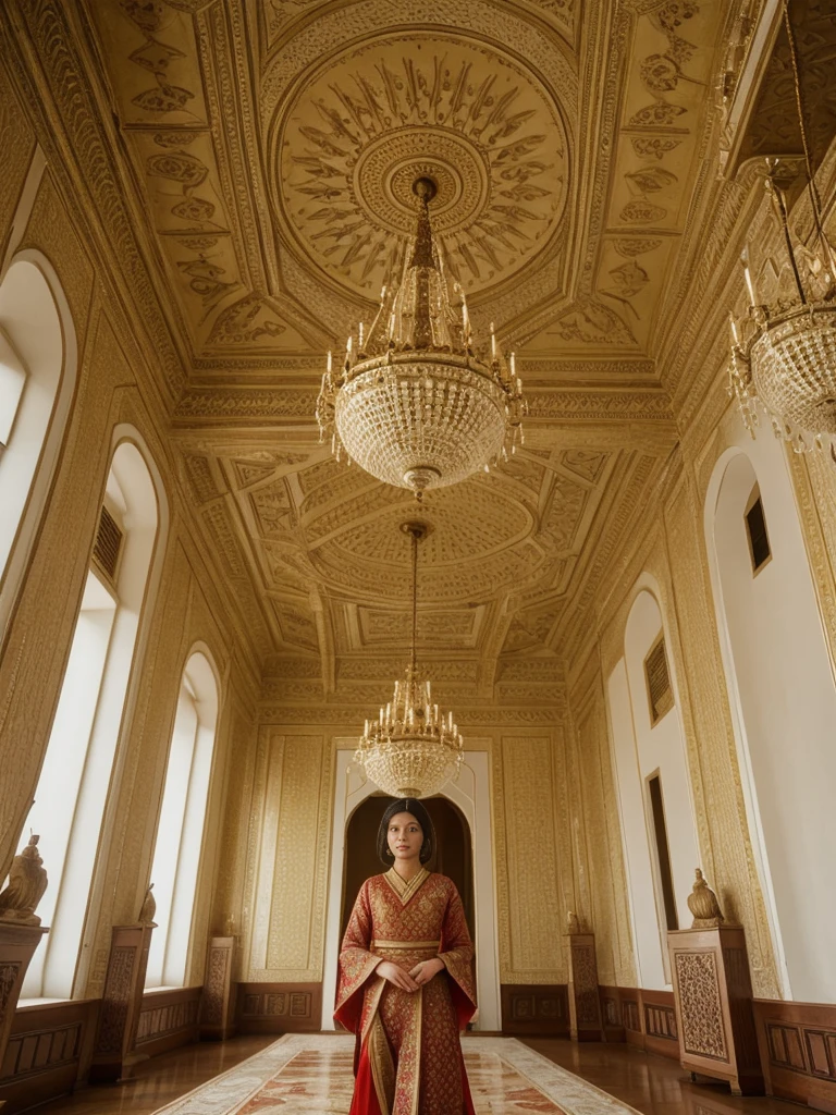 her name is Asako, high quality, 1girl, ((20-year-old fit Caucasian woman)), ((20 years old)), ((slim)), ((Wavy Bob)), pose: standing, wearing stylish fashionable Generation-Z modern wear bright colored, BACKGROUND: Inside the opulent interiors of the Taj Mahal Palace Hotel, with its grand staircase, elegant chandeliers, and luxurious decor reflecting a blend of Moorish, Oriental, and Florentine styles.