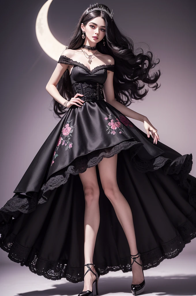 Skinned: Brunette with a warm tone that reflects an enigmatic aura.body hair: Long, voluminous black curls that fall to the waist, giving a touch of mystery and elegance.eyeballs: eyeballs grandes e expressivos, with deep violet irises that shine in exciting situations.badass clothing: She wears a stylized blouse with thin straps and lace details on the top., complemented by a full skirt with floral prints and a vintage touch. Black high heel shoes with shiny details.Accessories: Long silver earrings that dangle gently when she moves and a necklace with a crescent moon pendant.Height: Average, with a graceful and confident posture. Personagem de hazbin hotel 