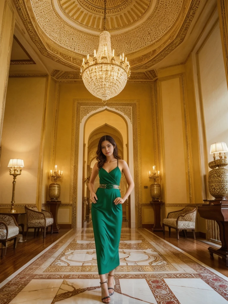 her name is Asako, high quality, 1girl, ((20-year-old fit Caucasian woman)), ((20 years old)), ((slim)), ((Wavy Bob)), pose: standing, wearing stylish fashionable Generation-Z modern wear bright colored, BACKGROUND: Inside the opulent interiors of the Taj Mahal Palace Hotel, with its grand staircase, elegant chandeliers, and luxurious decor reflecting a blend of Moorish, Oriental, and Florentine styles.