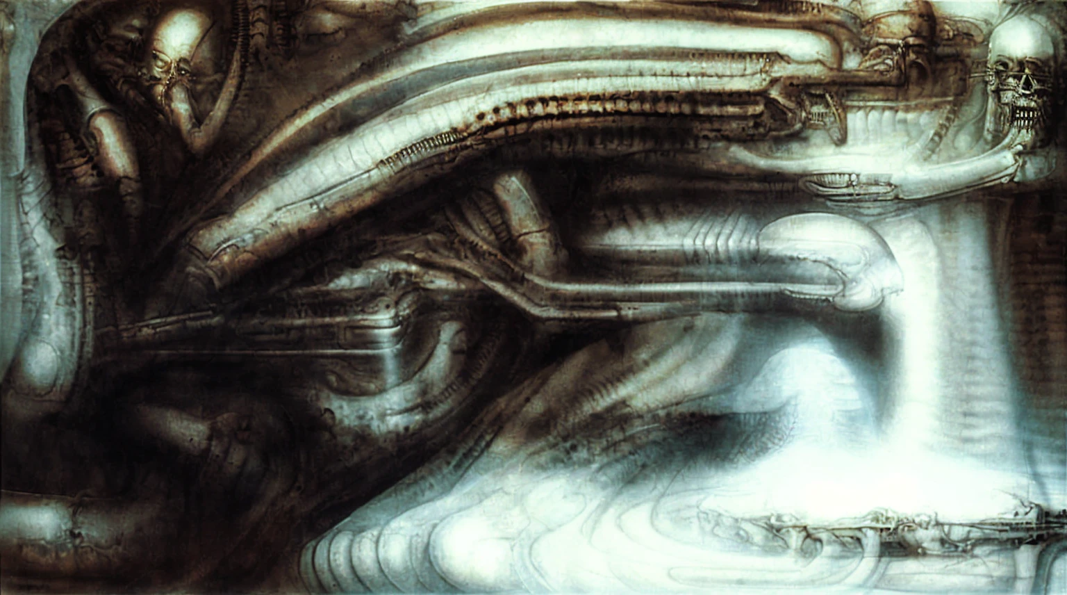 The image is a detailed view of H.R. Giger's biomechanical tableau \" Landscape XVI \" plate, featuring.
(airbrush painting, Giger's alien in front of broken alien ship in landscape, natural light, sharp focus, illustration, highly detailed, digital painting, concept art, matte, art by gric and kozhanov and moebius and Alphonse Mucha, masterpiece, HDR ,UHD , uplight, in HRGigerArhP style);1.
surrealistic painting of a monster with multiple tentacles and a body that looks like a brain, surrounded by a chaotic scene of swirling clouds and other monsters
 It's a complex network of bones and organs in eldritch color scheme:a greenish-brown hue ,swirling gery and brown colors. The artwork is silverish and green brown, with an ivory bones prominently displayed. The image is highly detailed and intricate, almost like a 3d version of a medical sketchwork.   
The piece is a tableau, most likely created with a India ink pen or pencil on paper, determined by the thin lines, shading techniques, and the texture of the paper, which is visible around the edges.
Used is pen, given the shading and variations in line weight visible in the image. Artist have used a variety of stylus with different degrees of hardness to achieve the shading effects.
 The use of undersaturated green-grays dark contrasts creates a stark and graphic look. Is used a variety of linework techniques to create different textures. Fine, parallel lines create a smooth, metallic texture,while thicker, more cursive lines suggest cables or wires.
Light source from the top highlights skeletals, pper part of foreground, lower part of image is in shadowupper part of foreground, lower part of image is in shadow.
The art performance showcases the artist’s skills in observation and rendering. The level of detail in the piece suggests a close study of real bone specimens and mechanics. The artist has skillfully used shading techniques to create a convincing illusion of three-dimensionality on a flat surface. The wrinkles 