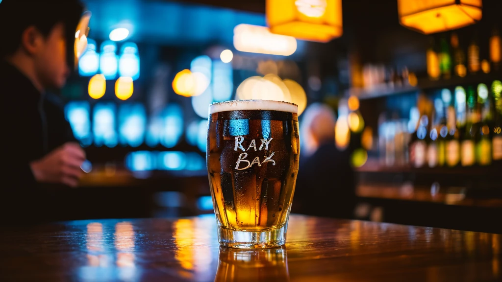 Written boundary depth, HD detailed, Wet Watermark, Hyper Detail, Realistic photos, 16K, Surrealism, Deep focus bokeh, Ray Tracing, Sepia、bar、There are bottled beers available、 Focus on the glass
