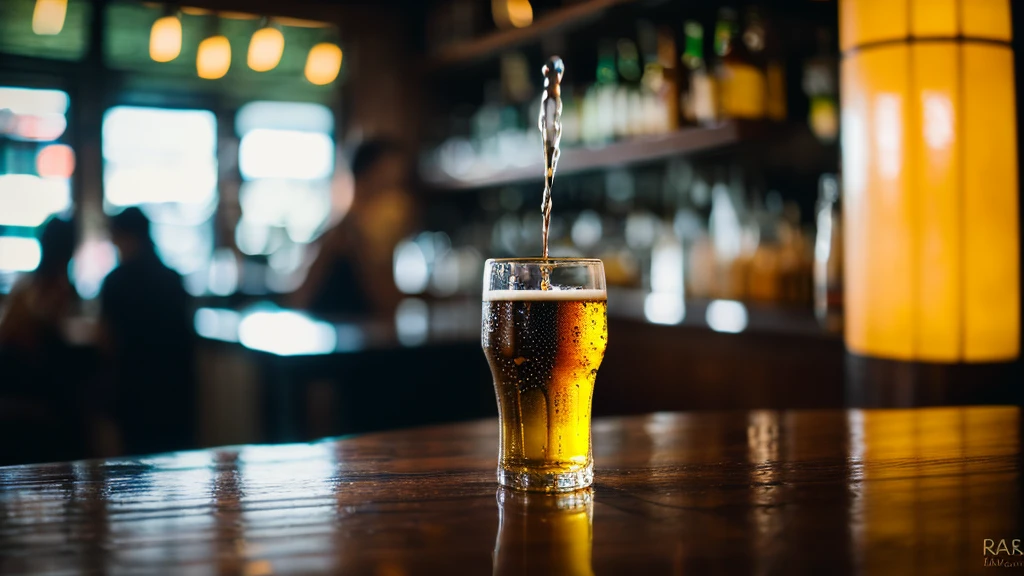 Written boundary depth, HD detailed, Wet Watermark, Hyper Detail, Realistic photos, 16K, Surrealism, Deep focus bokeh, Ray Tracing, Sepia、bar、There are bottled beers available、 Focus on the glass