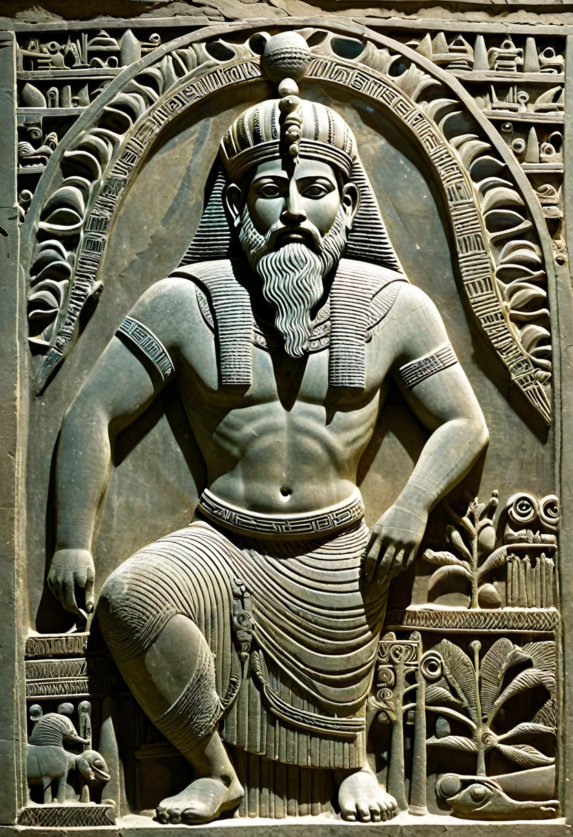 in the Sumerian religion, Enki was considered the main god of the lake city of Eridu, in southern Mesopotamian. He was the son of An, the god of heaven, and from Namma, oceanic goddess. He was identified as the divinity of groundwater, of magic and knowledge. In reliefs and cylinder-seals he was represented bearded., with the crown that identified the divinities on the head and surrounded by water currents in which fish swim. In fact, Enki dwells in the abzu, a mass of underground water that is positioned between the land inhabited by humans and the hells where the ghosts of the deceased dwell.