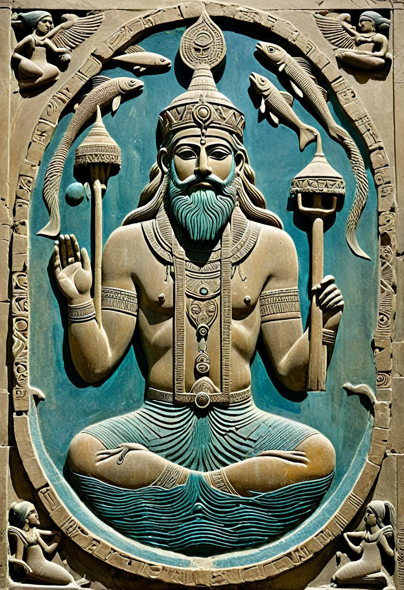 in the Sumerian religion, Enki was considered the main god of the lake city of Eridu, in southern Mesopotamian. He was the son of An, the god of heaven, and from Namma, oceanic goddess. He was identified as the divinity of groundwater, of magic and knowledge. In reliefs and cylinder-seals he was represented bearded., with the crown that identified the divinities on the head and surrounded by water currents in which fish swim. In fact, Enki dwells in the abzu, a mass of underground water that is positioned between the land inhabited by humans and the hells where the ghosts of the deceased dwell.
