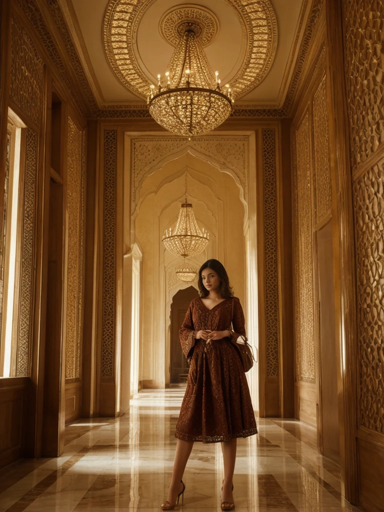her name is Asako, high quality, 1girl, ((20-year-old fit Caucasian woman)), ((20 years old)), ((slim)), ((Wavy Bob)), pose: standing, wearing stylish fashionable Generation-Z modern wear dark colored, BACKGROUND: Inside the opulent interiors of the Taj Mahal Palace Hotel, with its grand staircase, elegant chandeliers, and luxurious decor reflecting a blend of Moorish, Oriental, and Florentine styles.