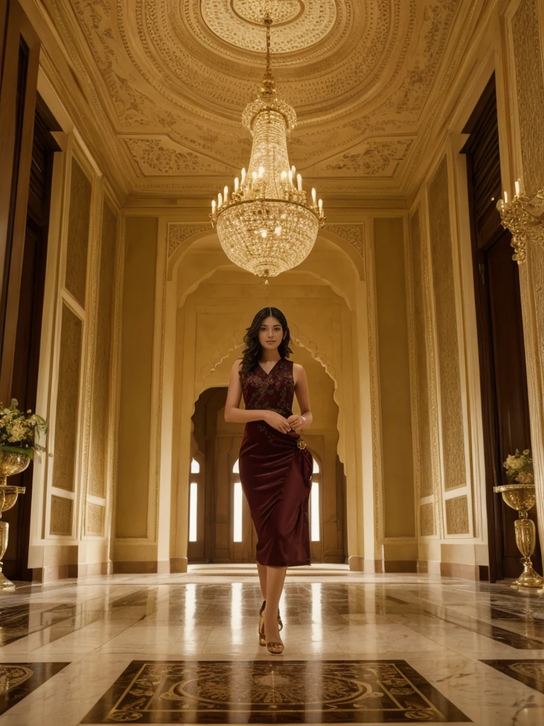 her name is Asako, high quality, 1girl, ((20-year-old fit Caucasian woman)), ((20 years old)), ((slim)), ((Wavy Bob)), pose: standing, wearing stylish fashionable Generation-Z modern wear dark colored, BACKGROUND: Inside the opulent interiors of the Taj Mahal Palace Hotel, with its grand staircase, elegant chandeliers, and luxurious decor reflecting a blend of Moorish, Oriental, and Florentine styles.