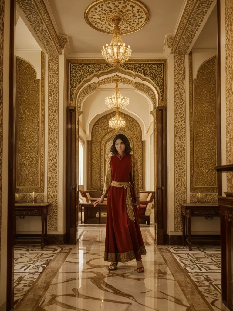 her name is Asako, high quality, 1girl, ((20-year-old fit Caucasian woman)), ((20 years old)), ((slim)), ((Wavy Bob)), pose: standing, wearing stylish fashionable Generation-Z modern wear dark colored, BACKGROUND: Inside the opulent interiors of the Taj Mahal Palace Hotel, with its grand staircase, elegant chandeliers, and luxurious decor reflecting a blend of Moorish, Oriental, and Florentine styles.