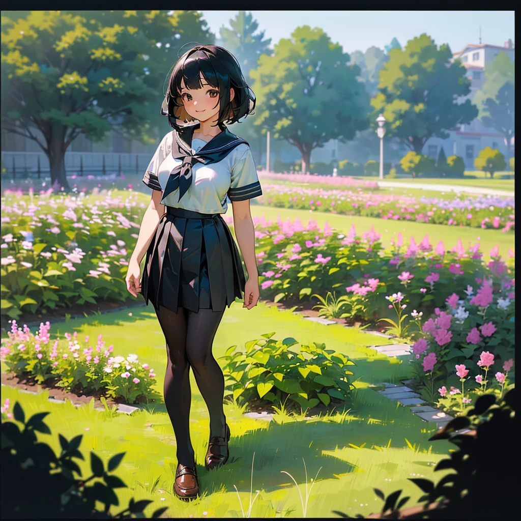 (Highest quality, High resolution, Super detailed, Realistic:1.37), Peaceful atmosphere, (Outdoor, garden), Teenage girl standing alone,(my breasts are big.),Beautifully detailed features, Cute Smile, ((Black bob hair)),Short-sleeved sailor uniform, Pleated skirt,Black tights,Brown leather shoes.