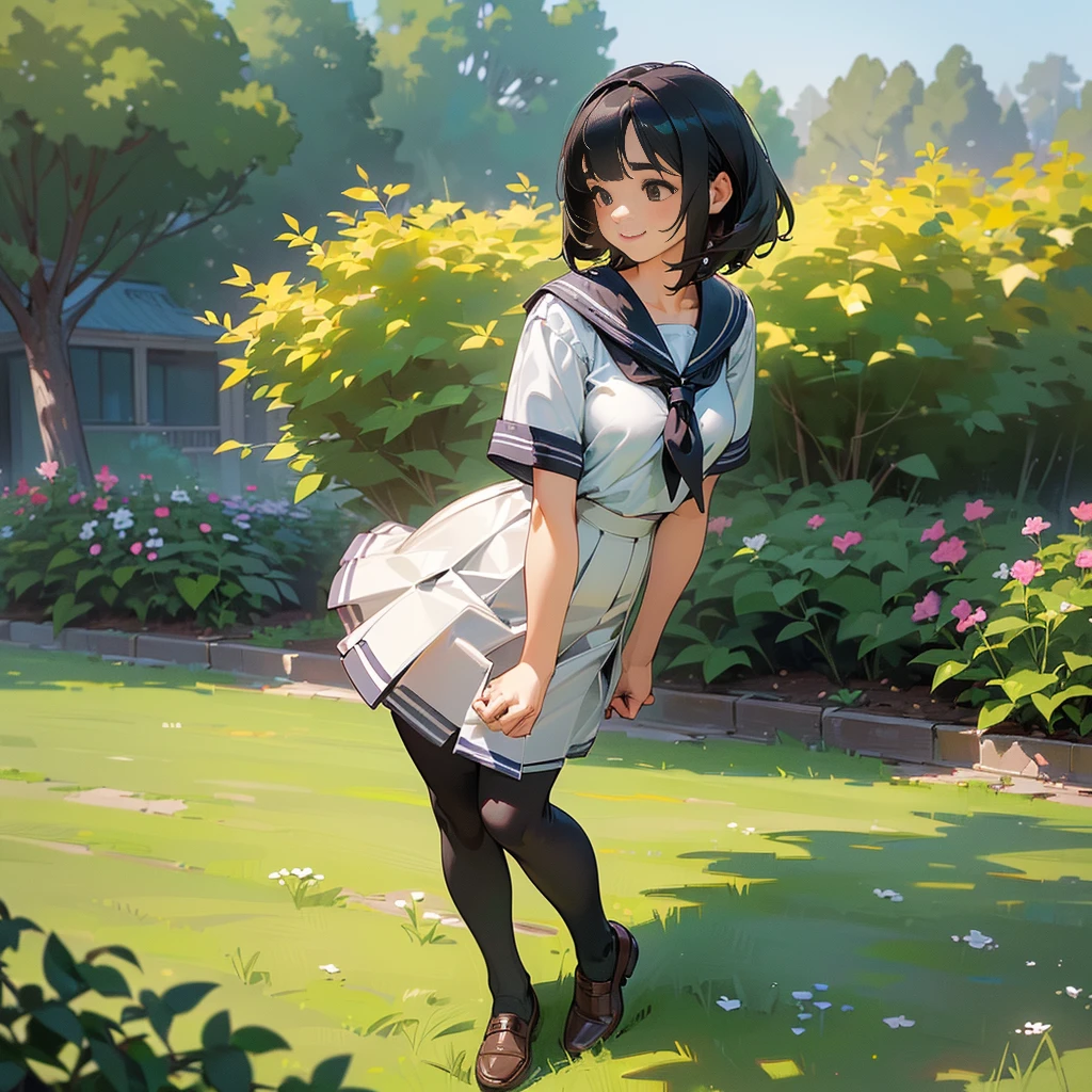 (Highest quality, High resolution, Super detailed, Realistic:1.37), Peaceful atmosphere, (Outdoor, garden), Teenage girl standing alone,(my breasts are big.),Beautifully detailed features, Cute Smile, ((Black bob hair)),Short-sleeved sailor uniform, Pleated skirt,Black tights,Brown leather shoes.