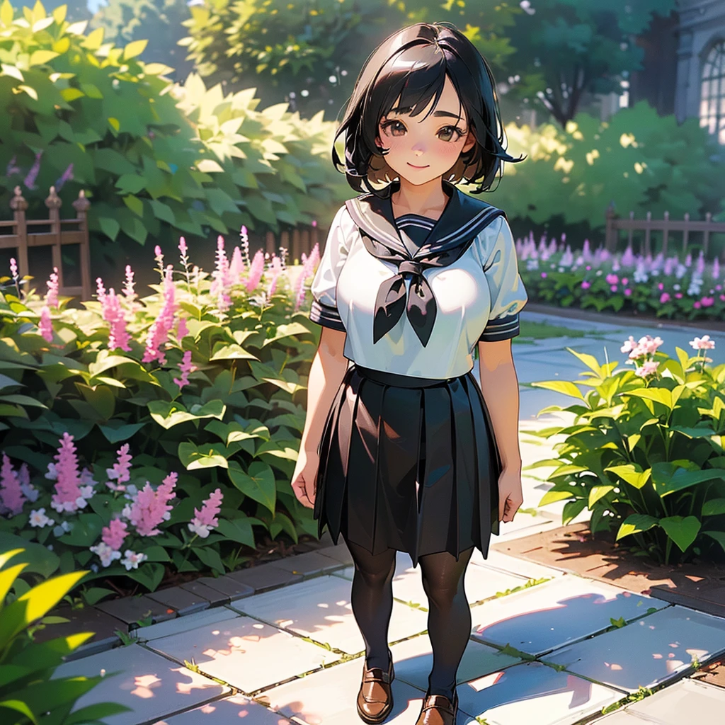 (Highest quality, High resolution, Super detailed, Realistic:1.37), Peaceful atmosphere, (Outdoor, garden), Teenage girl standing alone,(my breasts are big.),Beautifully detailed features, Cute Smile, ((Black bob hair)),Short-sleeved sailor uniform, Pleated skirt,Black tights,Brown leather shoes.