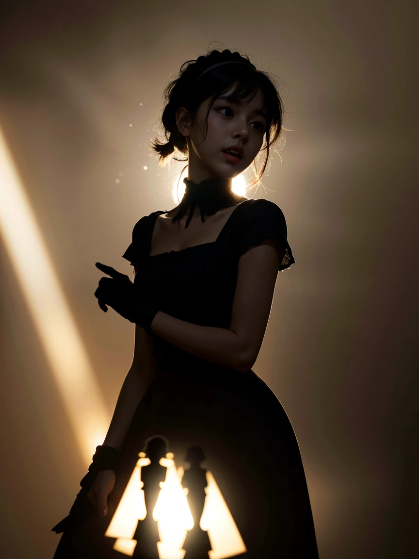 photo realistic, photo realistic, masterpiece, ultra high res, 8k, best quality, detailed shadow, amazing, sharp detail, sharp focus, (((Silhouette Lighting:1.5))), (((detailed and structured patterns))), 
BREAK
1girl, (((big round eyes:1.3))), (((tareme:1.1))), (((afraid:1.2))), (((open mouth:1.2))), (looking up), (looking away), (random hairstyle), ((random face)), (((childlike face:1.2))), (bangs), (((very cute maid outfit:1.1))), (((Inside a dark Western-style building:1.2))), (((indoor))),