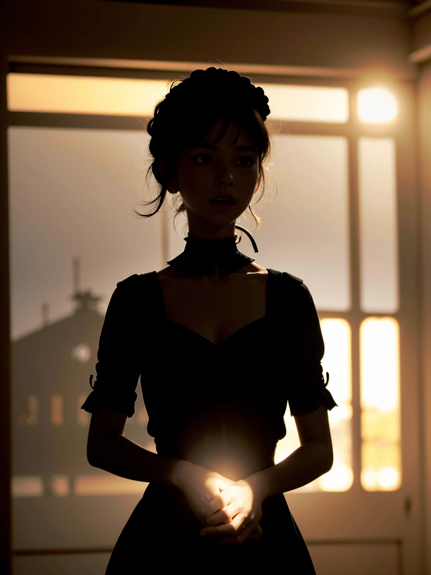 photo realistic, photo realistic, masterpiece, ultra high res, 8k, best quality, detailed shadow, amazing, sharp detail, sharp focus, (((Silhouette Lighting:1.5))), (((detailed and structured patterns))), 
BREAK
1girl, (((big round eyes:1.3))), (((tareme:1.1))), (((afraid:1.2))), (((open mouth:1.2))), (looking up), (looking away), (random hairstyle), ((random face)), (((childlike face:1.2))), (bangs), (((very cute maid outfit:1.1))), (((Inside a dark Western-style building:1.2))), (((indoor))),