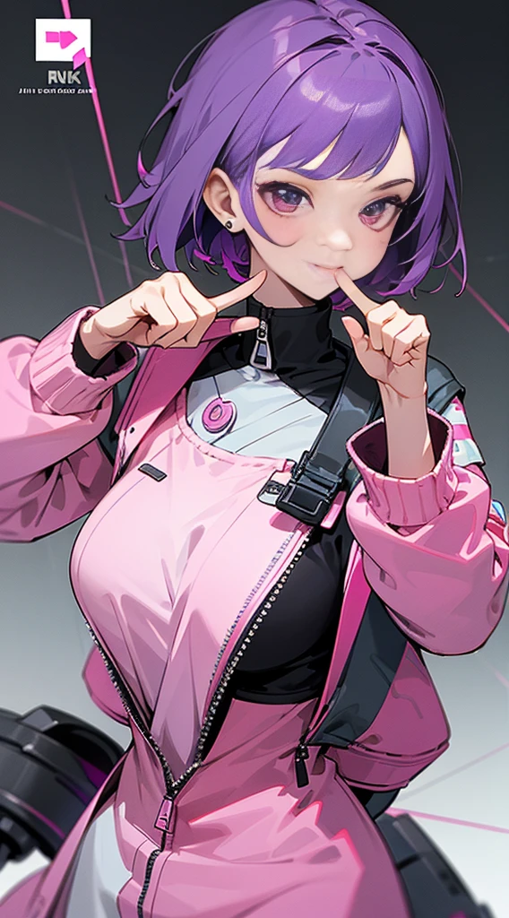 Top Quality, 8K, 4K, High Definition, Detail, (better-quality, 8K, 12), top-quality, 1 girl、only showing her face, she has purple hair, wearing a yellow pin on her right side of her hair, she has her hands together, she looking at you, she is smiling at you, medium breast, her jacket color dark gray with a pink zipper, pink eyes, showing her face and chesat, short hair long as her neck, (only showing half of her body) her jacket is loose. she is wearing earing only right ear shaped has a heart, she has her hand up making a pose, get closer to see up close of her face, she making a pose, she making pose her finger