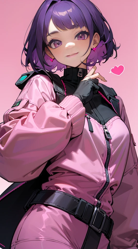 Top Quality, 8K, 4K, High Definition, Detail, (better-quality, 8K, 12), top-quality, 1 girl、only showing her face, she has purple hair, wearing a yellow pin on her right side of her hair, she has her hands together, she looking at you, she is smiling at you, medium breast, her jacket color dark gray with a pink zipper, pink eyes, showing her face and chesat, short hair long as her neck, (only showing half of her body) her jacket is loose. she is wearing earing only right ear shaped has a heart, she has her hand up making a pose, get closer to see up close of her face, she making a pose, she making pose her finger
