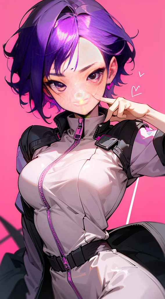 Top Quality, 8K, 4K, High Definition, Detail, (better-quality, 8K, 12), top-quality, 1 girl、only showing her face, she has purple hair, wearing a yellow pin on her right side of her hair, she has her hands together, she looking at you, she is smiling at you, medium breast, her jacket color dark gray with a pink zipper, pink eyes, showing her face and chesat, short hair long as her neck, (only showing half of her body) her jacket is loose. she is wearing earing only right ear shaped has a heart, she has her hand up making a pose, get closer to see up close of her face, she making a pose, she making pose her finger