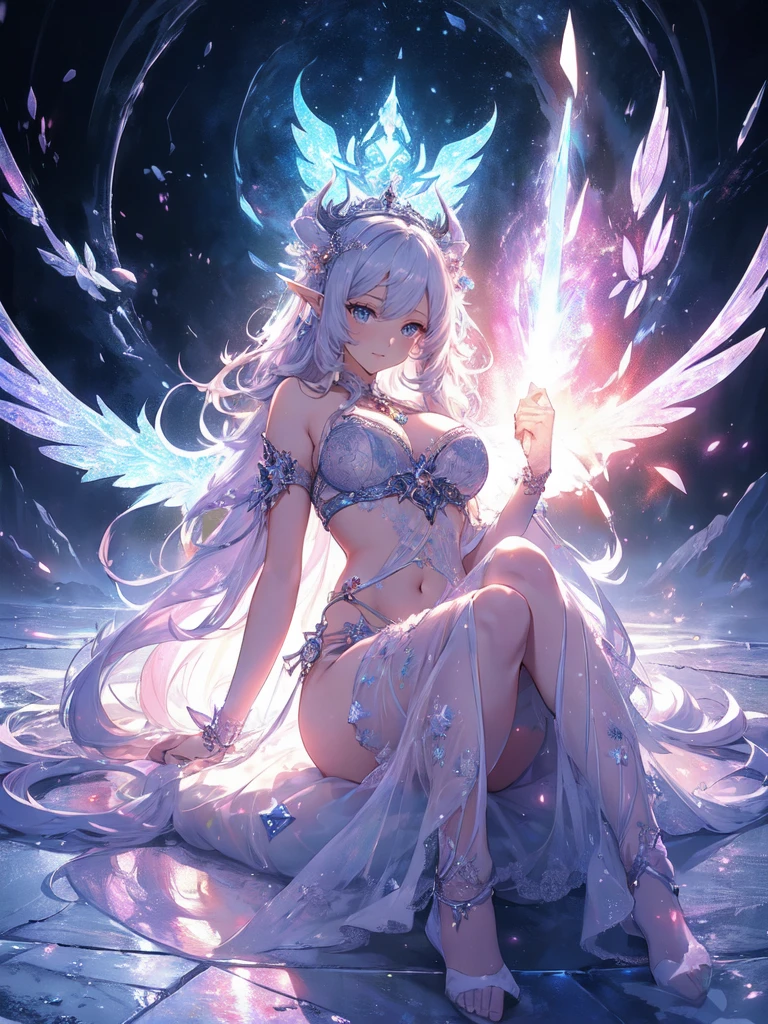 最high quality、1 woman elf、Succubus、(( sleep on your back ))Lean your body backwards、 ((sleep on your backーon ice floor、)) beautiful瞳、beautiful装飾のパンティ、Devil decoration on head、Ice tiara、beautiful装飾のヘルメット、Ice Sword、最high quality , fractal art.虹colorに輝く氷の床、ice World、bikini、 ((Laugh beautifully、))((underwear ))、Orgasm、Ecstasy、ice World、Bigger on the front、 beautiful輝き,High-definition depiction, Realistic, 8K, Unity, beautiful太もも,,Giant Devil's Wings、虹colorに輝く翼、、 light smile, Beautifully and vividly drawn, , beautiful beautiful透き通る肌、輝くbeautiful装飾の魔法、Giant horns、 demon king、、beautiful装飾の角、 , beautiful、 Romanticism,mosquito。 混沌の最もbeautiful形, Mr..々 Intertwined flowers, P article,Magical gentle light,smile,,image quality、masterpiece、beautiful顔、Super beautiful elf woman((Big breasted 22 year old office lady、Bust 120,Beautiful long ironed hair、Silver Hair、height: 165cm。、Esbian、、high quality、、Visual Arts、最high quality、1 woman elf NP: Worst quality ,beautiful fractal art Marble pillar、、、light、Beautiful radiance,High-definition depiction, Realistic, 8K, Unity, , light smile, Beautifully and vividly drawn, , Beautiful, beautiful, clear skin、 (brassiere、panty,))Countless rays of light pouring down, Swirling Light, big background, , Intense light is emitted from the magic circle in front of the girl. Romanticism,: Highest quality