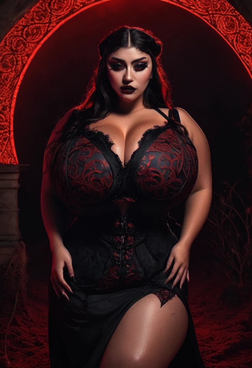 magazine phtotography, thicc girl, seductive enchantress, cut out dress, huge breasts, cleavage, slim waist, thick thighs, large hips, blood moon, red glow, gothic aesthetic, masterpiece, 8k, highly detailed, intricate, vogue style