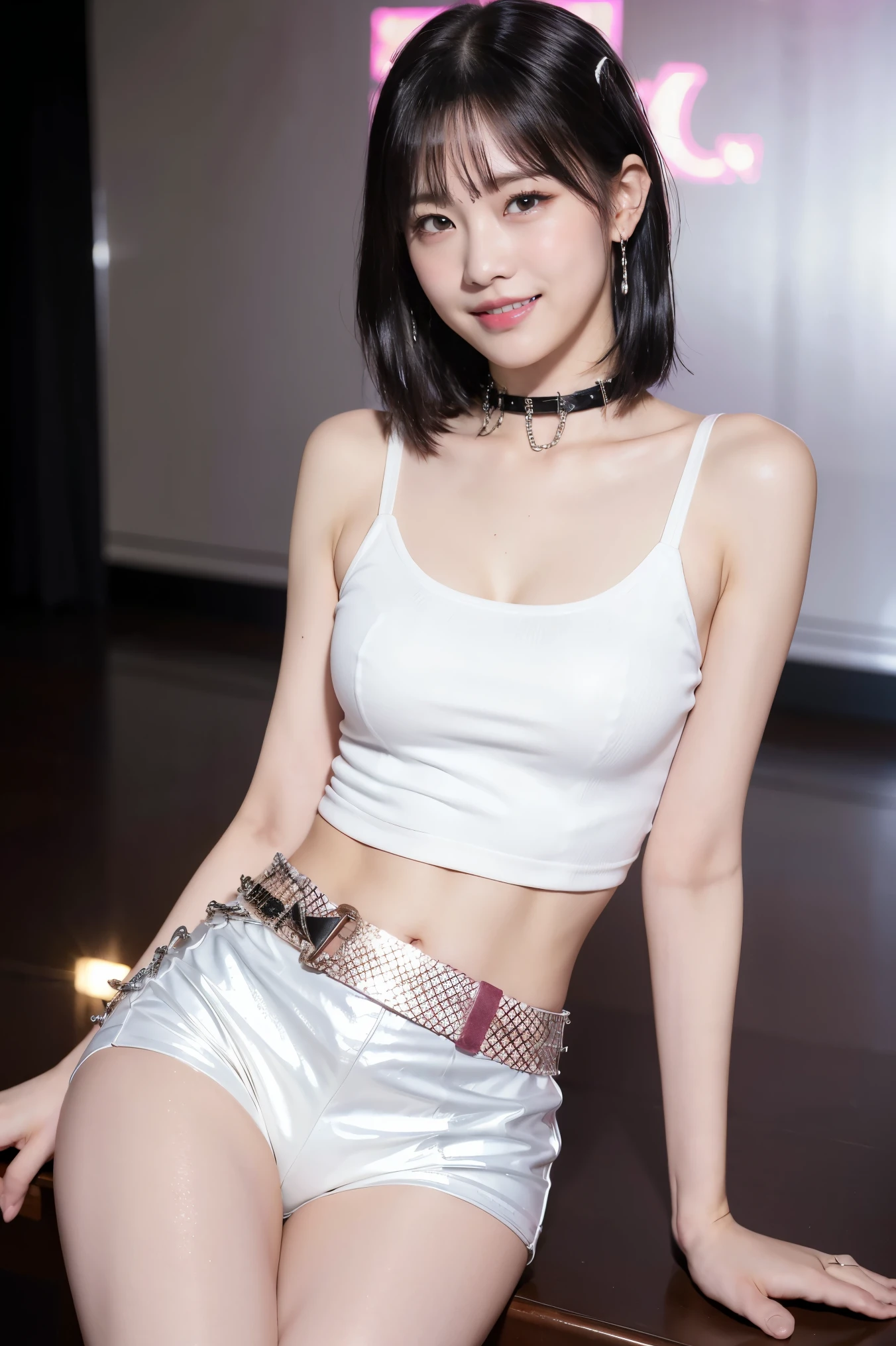 (8K), (highest quality: 1.2), (Realistic), (Realistic: 1.37), Ultra-high resolution, 1 girl, cute, (Embarrassed smile:1.2), (Blushing:1.4),Mouth closed, Beautiful details, Beautiful Nose, white gold long hair, giant dulcefo, Thighs,Navel exposed,White tank top,Black leather tiny hot pants,Black long boots,Dancing,(Shiny Thighs:1.2),Beautiful white skin,(punk fashion:1.5)