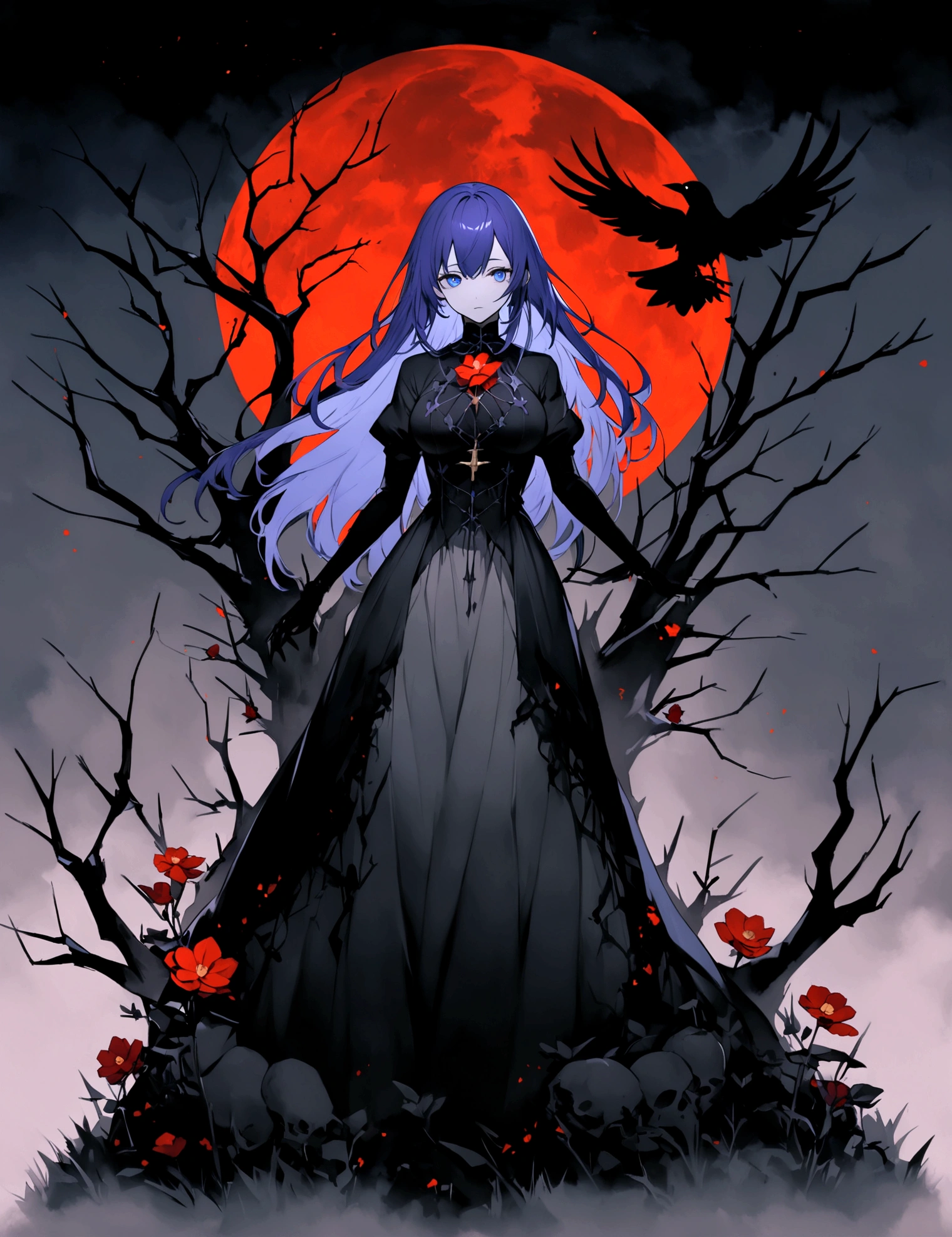 長い髪のbeautifulアニメ風の美女, (((Purple-blue hair)))Long Hair,(((Highest quality)))Transparent Hair,Face of Sadness,(((blue eyes)))A beautiful woman filled with sorrow,(((Perfect figure)))Big Breasts,(((Black and grey radical dress))),(((Radical Clergy)))Chaotic clothes,Rosary(((beautiful)))Pale skin,(((Glossy feel)))Full Body Shot,Crow,(((background)))dead tree,fog,Red Moon,Mysterious flower,Graveyard of Darkness。