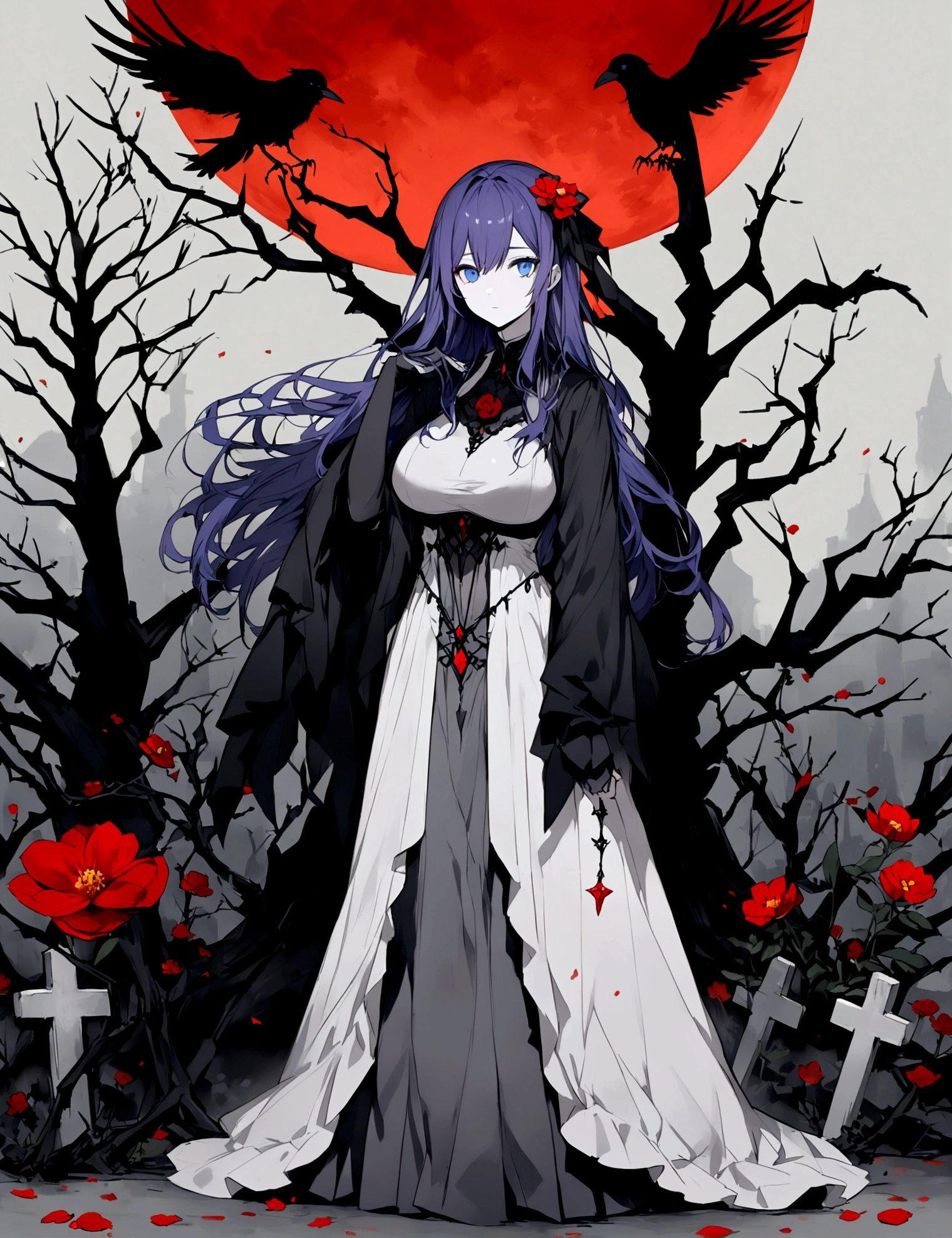 長い髪のbeautifulアニメ風の美女, (((Purple-blue hair)))Long Hair,(((Highest quality)))Transparent Hair,Face of Sadness,(((blue eyes)))A beautiful woman filled with sorrow,(((Perfect figure)))Big Breasts,(((Black and grey radical dress))),(((Radical Clergy)))Chaotic clothes,Rosary(((beautiful)))Pale skin,(((Glossy feel)))Full Body Shot,Crow,(((background)))dead tree,fog,Red Moon,Mysterious flower,Graveyard of Darkness。