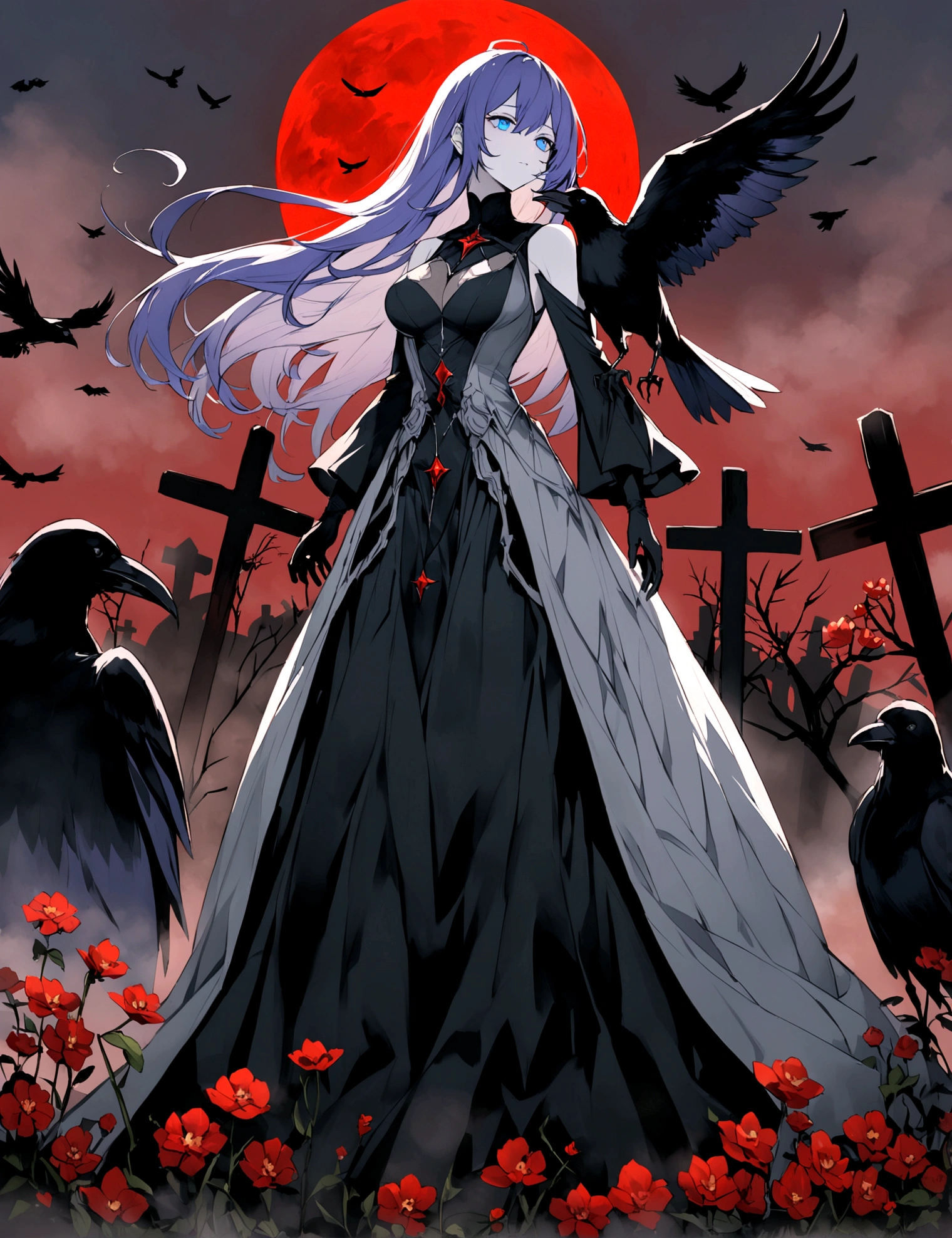 長い髪のbeautifulアニメ風の美女, (((Purple-blue hair)))Long Hair,(((Highest quality)))Transparent Hair,Face of Sadness,(((blue eyes)))A beautiful woman filled with sorrow,(((Perfect figure)))Big Breasts,(((Black and grey radical dress))),(((Radical Clergy)))Chaotic clothes,Rosary(((beautiful)))Pale skin,(((Glossy feel)))Full Body Shot,Crow,(((background)))dead tree,fog,Red Moon,Mysterious flower,Graveyard of Darkness。