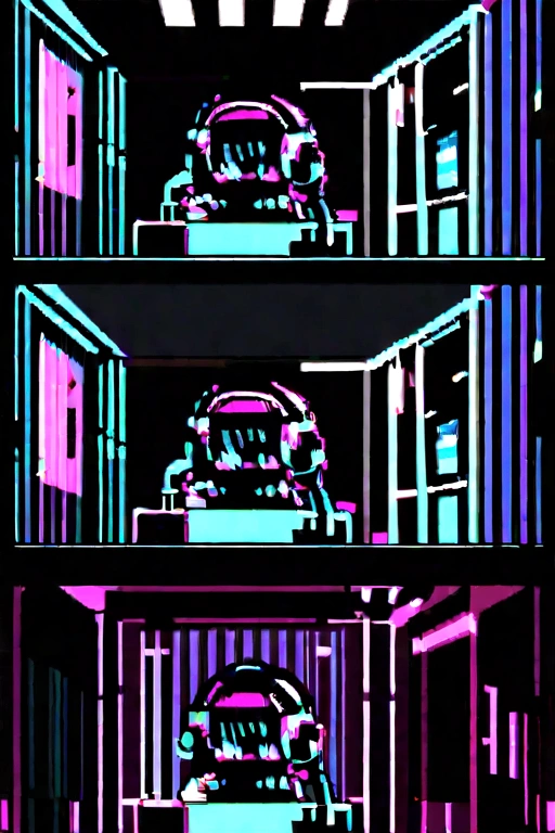 night、Girl listening to music in a cozy room, Using headphones, 2D-style animation, Lo-Fi, hard disk, Dark Environment