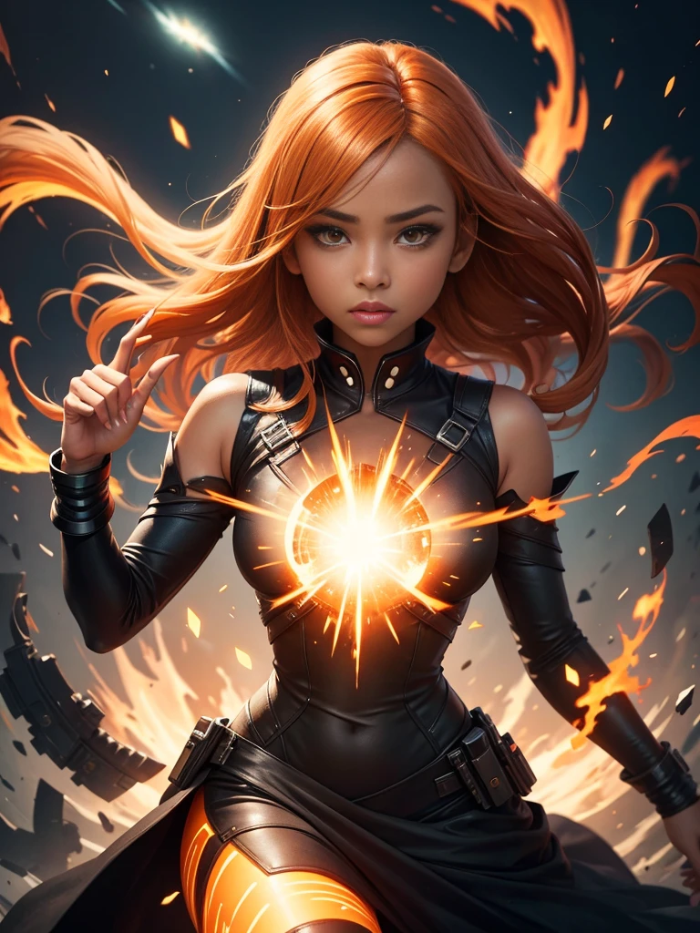 girl, with futuristic dress, fire powers, Orange hair, amber eyes, ebony dark skin.