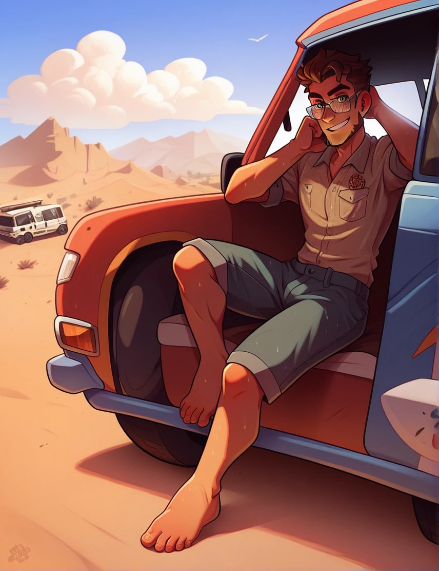 score_9, score_8_up, score_7_up, man, pale, scorching sun, sweating profusely, desert, exhausted, looking at viewer, smile, brown hair, slicked back, Van Dyke beard, antique gold aviator glasses, secret hideout, barefoot