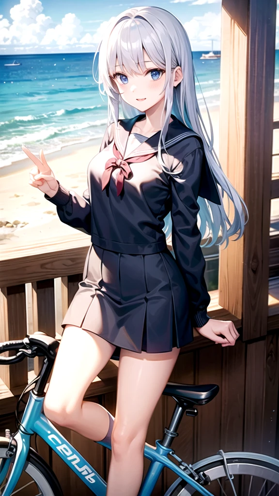 Long silver hair high school girl、Blue eyes、Sailor suit、Going to school、bicycle、Seaside