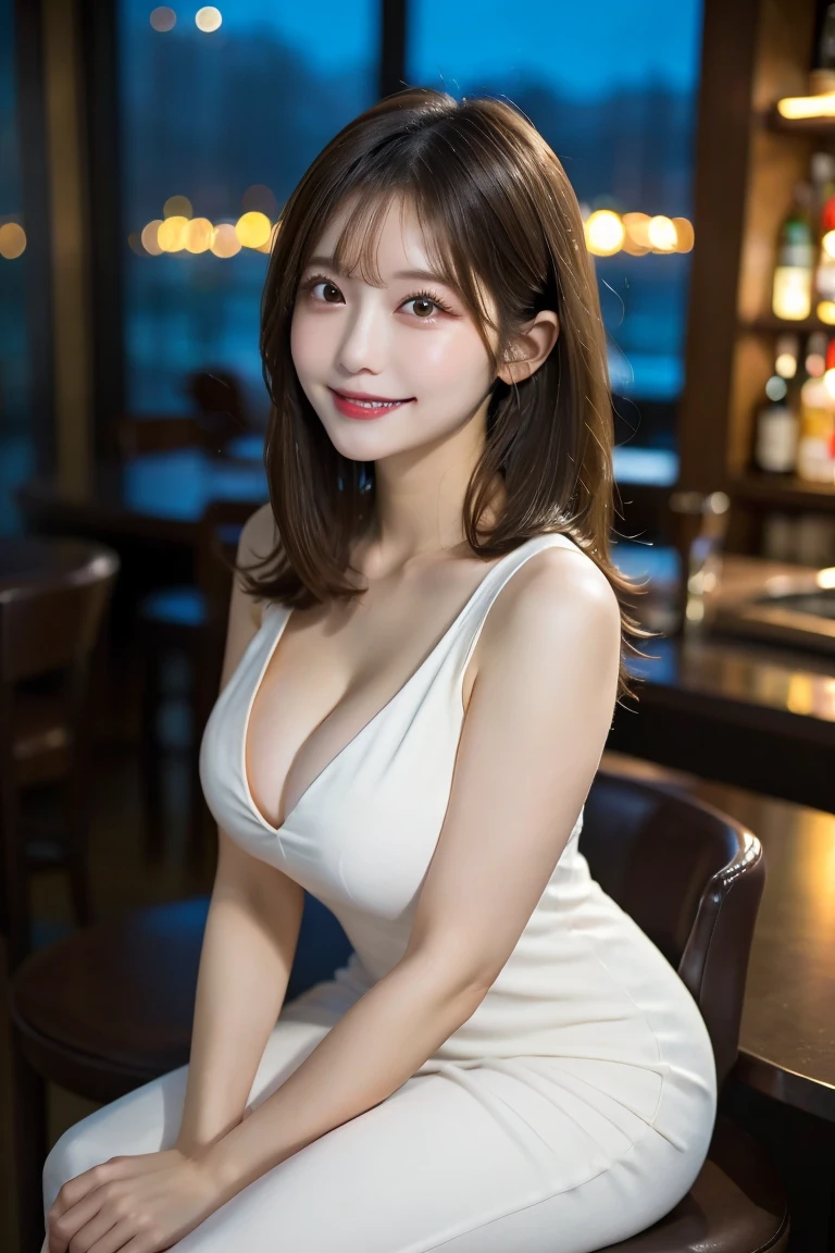 Bar counter with a night view, Highest quality, shape, Very detailed, In detail, High resolution, 8k wallpaper, Perfect dynamic composition, Beautiful details, Natural Lip, Cute white one piece dress , Big Breasts, Cleavage, She is sitting on a chair and looks happy., A masterpiece of the whole body,