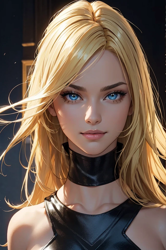 blonde hair, hair blonde grande,black cloack, black may, black cloack, black may, black cloack grande, grande black cloack, (best qualityer,ultra detali,photorrealistic:1.37),bright and vibrant colors,studio lighting,Playful expression,stylish make up,long blonde hair flowing in the wind,Eyes seductive,Glossy lips,pose sexy, x-men, 2099, smiling confidently and seductively,Posing for a professional photo shoot,Shallow depth of field,highlighting the main topic,soft natural lighting,Creating a dreamy and magical atmosphere.black cloack, black may, black cloack, black may, black cloack grande, grande black cloack, black may, black bikini, blonde hair, hair blonde