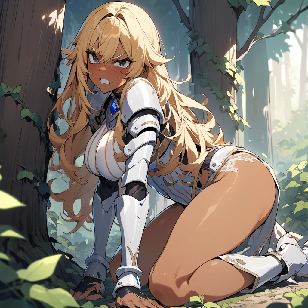 (anime style),masterpiece, best quality, extremely detailed,20Years old,tanned skin,dark skin, Beautiful body,rarge breasts press,BREAK,multicolored colorful blonde hair,shaggy hair,long hair,long ducktail hair,BREAK,black eyes,black choker,dignified face,disgust,angry face,open mouth,detailed lips,,BREAK,with vertical stripes sweater,ripped Princess knight light armor,break,head tilt,in the woods,hands on legs,wariza,ivy clinging to the body,arching back,