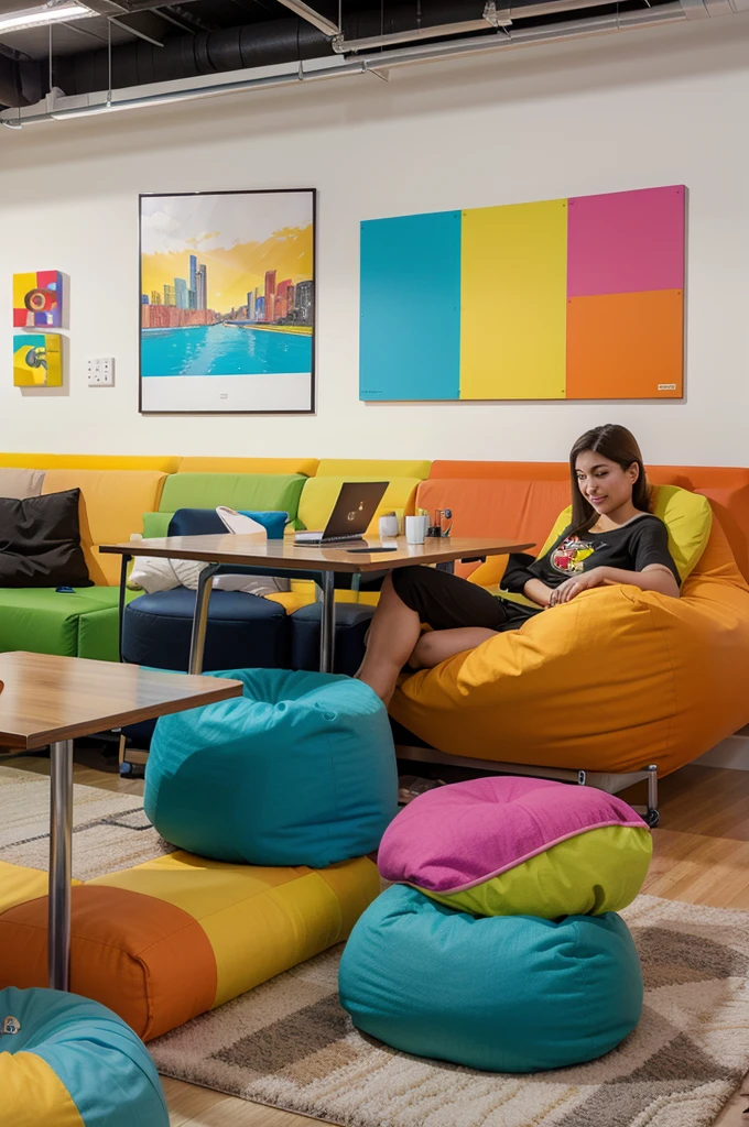 Design a vibrant workspace buzzing with energy. Beanbag chairs and modular furniture create flexible seating areas, while colorful artwork and inspirational quotes adorn the walls. A central table with a built-in whiteboard fosters teamwork and idea exchange.