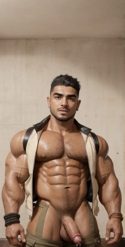 (masterpiece, intricately detailed, highest resolution, best quality:1.2), (doujin), a cocky Latino Instagram influencer,a 24 y.o muscle stud with a muscular physique standing up with black eyes,dark-skinned male, wearing a ((open jacket, chav, armbands)), (excessive cum), (cum on body), (cum drip), flaccid penis,saggy balls,hairy chest,vascular,muscle striations,soft light,fantastic realism,