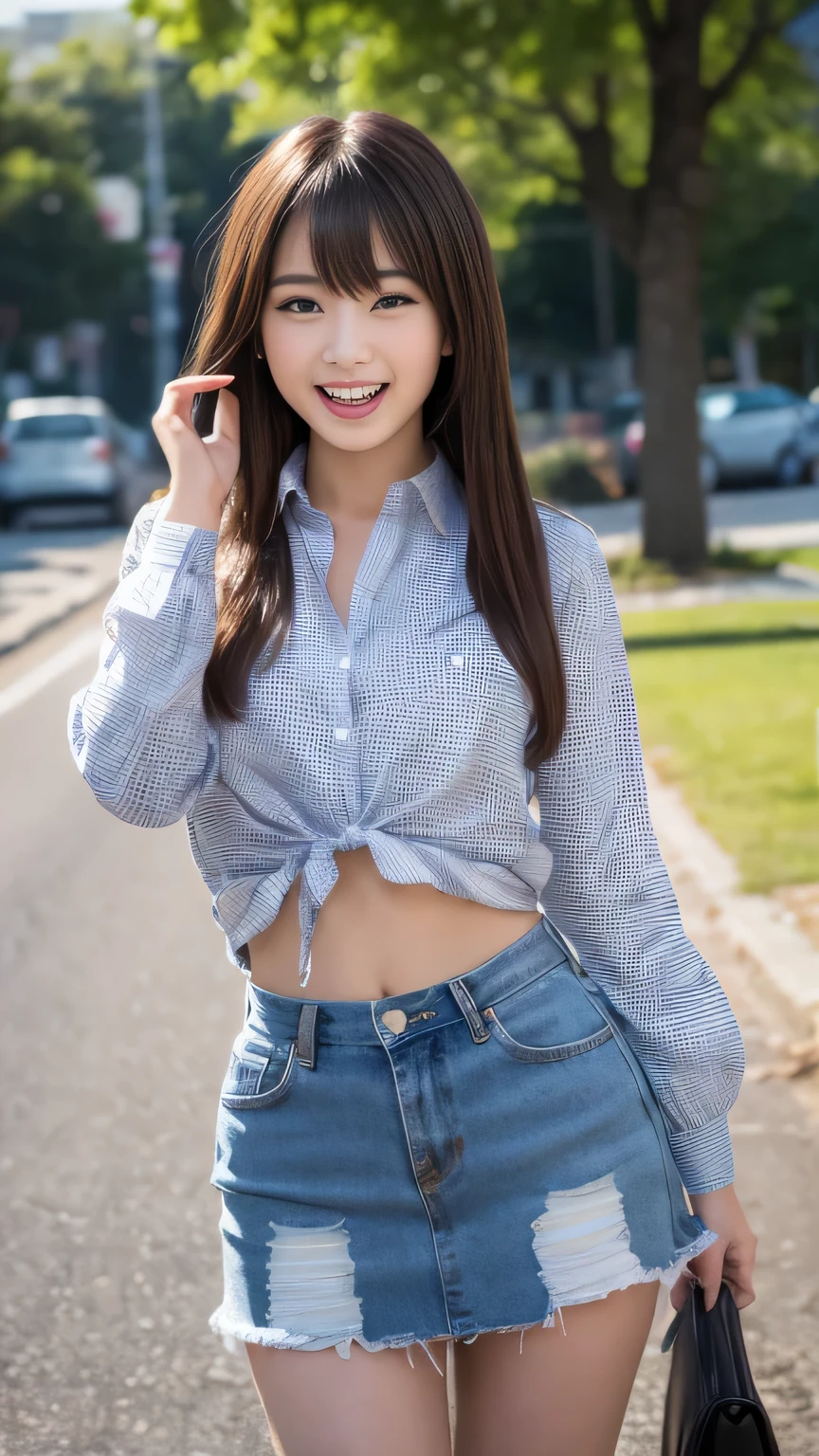 a cartoon female who is wearing denim miniskirt, while riding a bicycle, 1girl, solo, underwear, panties, white panties, breasts, open mouth, smile, large breasts, a female anime character with large boobs riding a bicycle outdoors with open jacket, 1girl, skirt, underwear, breasts, panties, white panties, open mouth, solo, outdoors, large breasts, denim, brown hair, bicycle, smile, ground vehicle, long hair, denim skirt, denim jacket, jacket, day, shirt, thighs