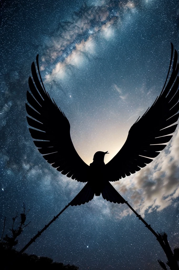- Silhouettes of wings stretching towards the sky, symbolizing giving wings to your dreams - Stars shining in a dark sky, representing your dreams as stars in the firmament - The wind blowing gently, with wavy lines that transmit the whisper of the wind - Perhaps a central figure, either yours or an abstract representation, finding peace and guidance in connecting with nature