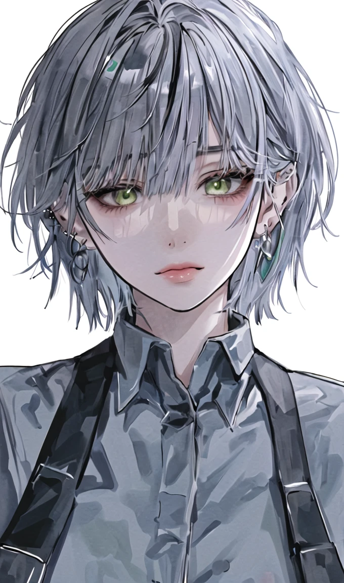 1girl, portrait, earrings, solo,lips, female focus, green eyes, looking at viewer, grey hair, short hair, closed mouth