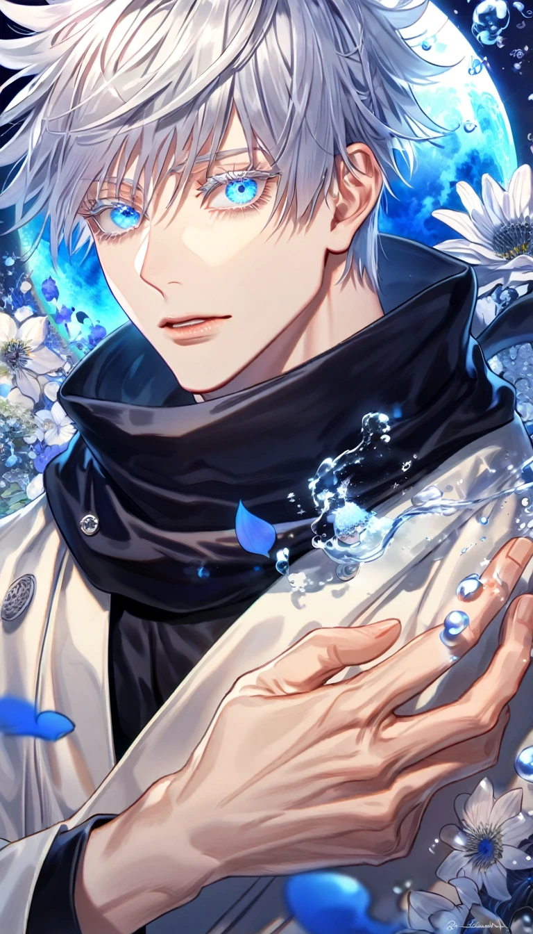 absurdres, highres, ultra detailed, HDR, master piece, Gojou Satoru, white hair, expressive blue eyes, white eyelashes, black scarf, black tight shirt, white haori, Jujutsu Kaisen, sexy man, handsome, best quality, blue moon, flowers, fantasy, magical, solo, water, blue shining fireflies, blue petals,