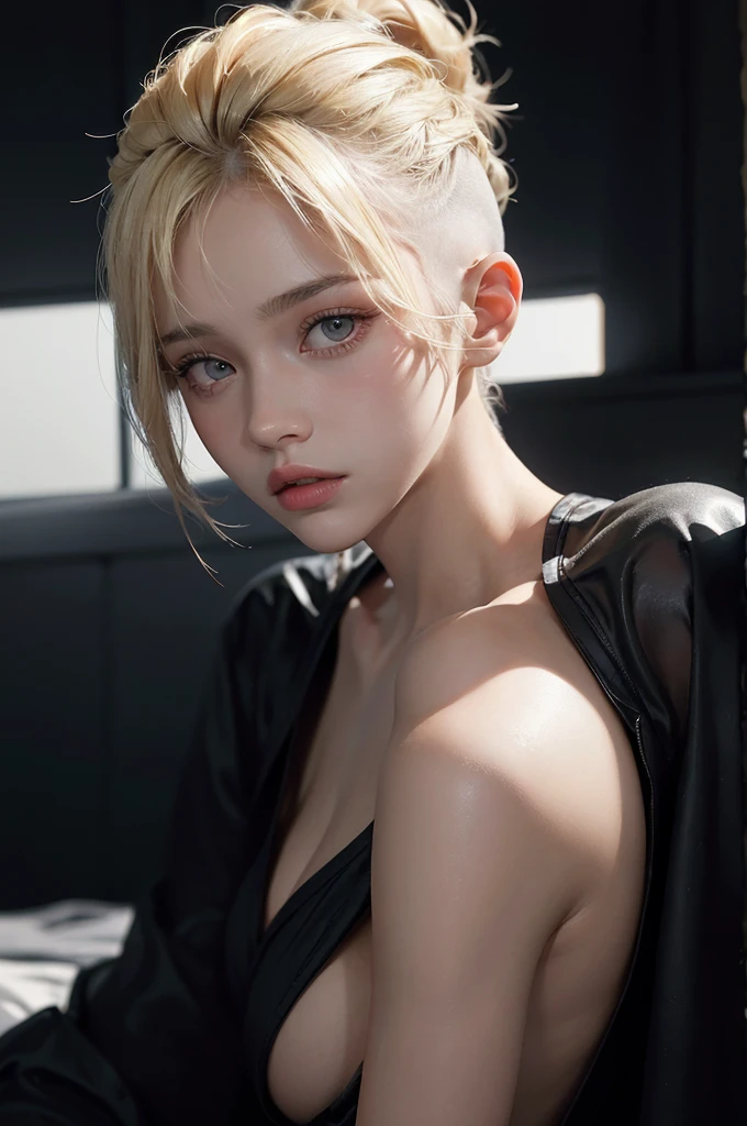 20-year-old woman, blonde, (High Top Fade:1.3), Dark Theme, Calm tone, Calm colors, High Contrast, (Natural skin texture, Hyperrealism, Soft Light, sharp)