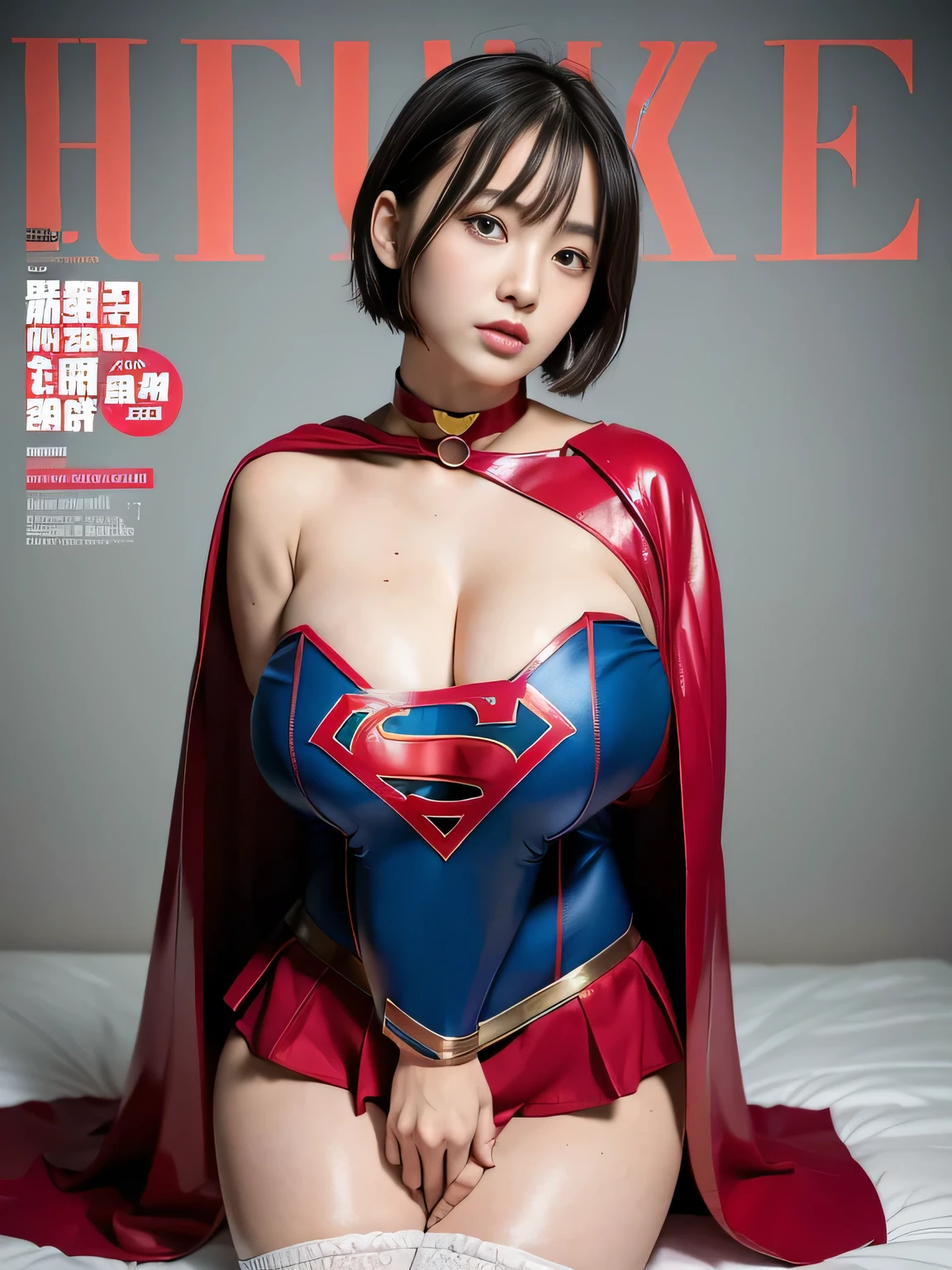 masterpiece、Enamel Supergirl Costume、short hair、Patent leather boots、Big and ample breasts、looking at the camera、choker、Long sleeve、Off the shoulder、mini skirt、Red cloak、Sweaty skin、Hospital room、Photo magazine cover、Beautiful thighs、