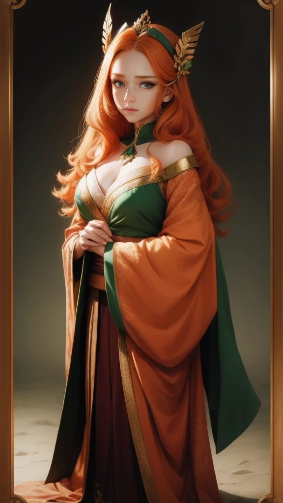 Young (princess), striking figure, long flowing ginger hair, wavy hairs, fair skin, freckles, kolito, innocent and (regal appearance), expressive green eyes are filled with a mix of curiosity and determination, her slender frame, elegant grace, vibrant orange kimono with white and black decorations, very long ((sleeves past fingers)), sleeves past wrists, cleavage, feather headdress