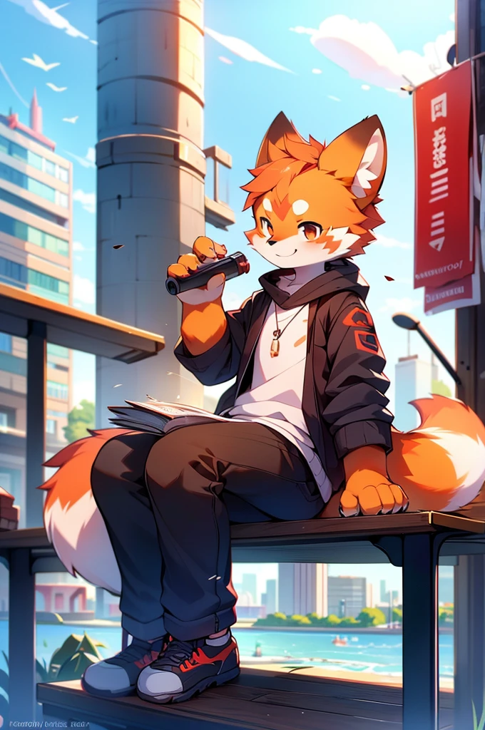 Male Red Panda,Sit on a bench,Cityscape,Port cities!